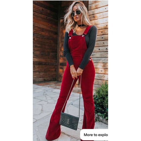 Mumu Blue Womens Corduroy Flare Overalls Berkeley Bell Bottom Red Size XL - Picture 2 of 11